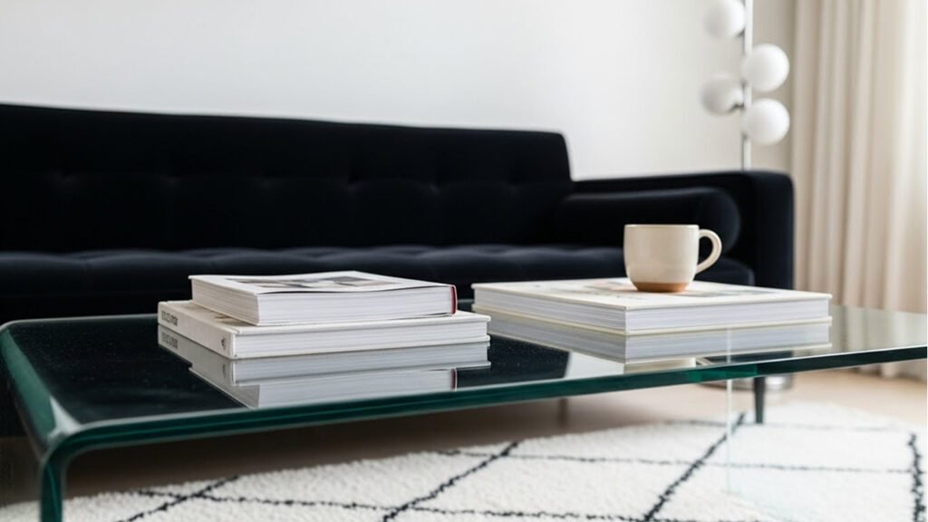 Black sofa paired with transparent glass coffee table to maintain open sightlines and avoid visual heaviness