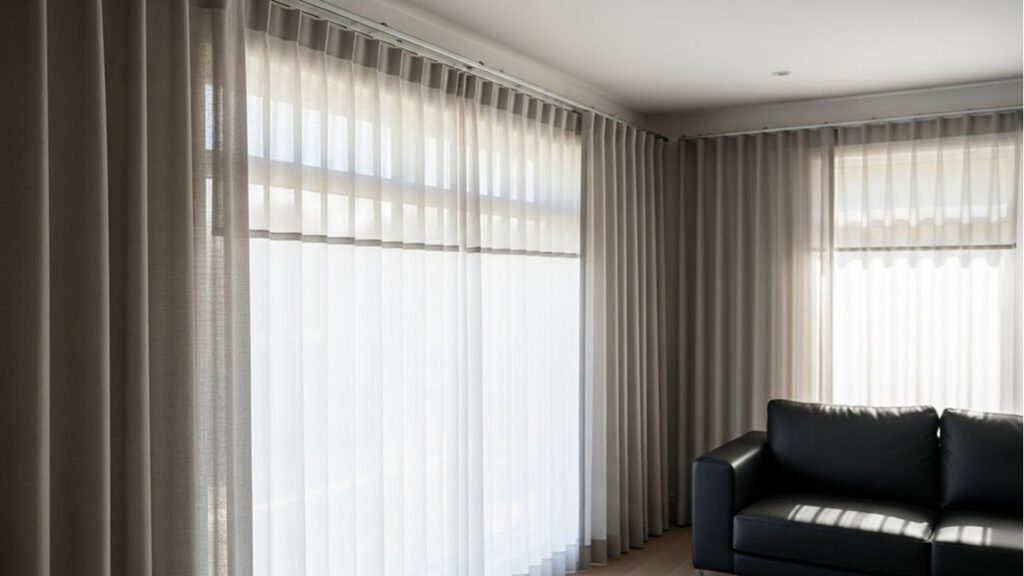 Black sofa room with layered sheer and linen curtains to softly diffuse natural light and prevent harsh shadows