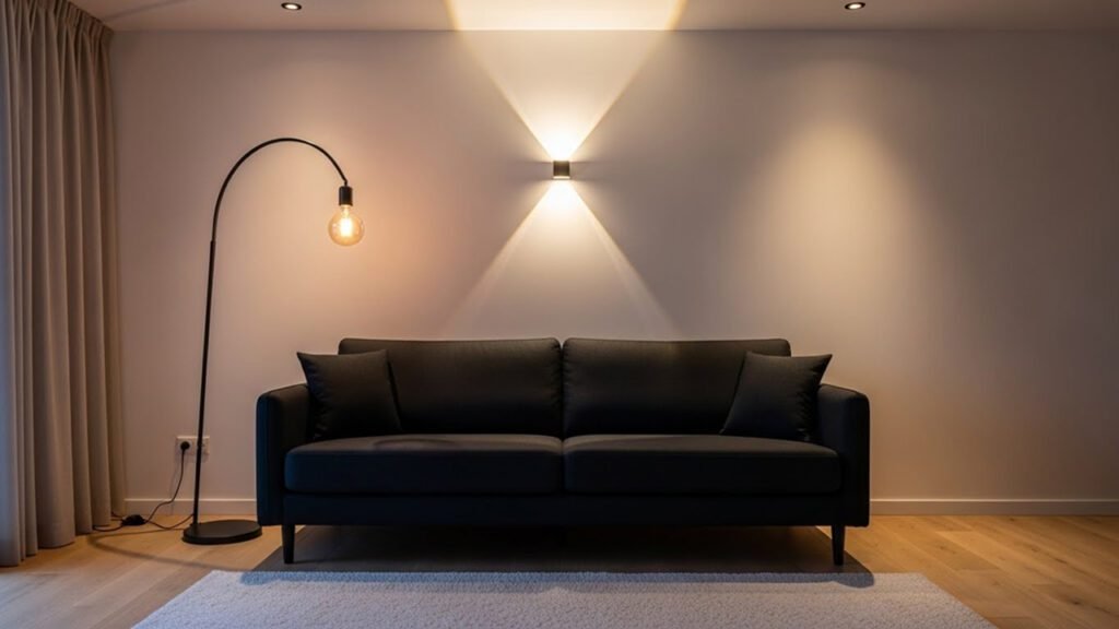 Black sofa with layered lighting—ambient ceiling, task floor lamp, and accent wall sconce—to avoid cave effect
