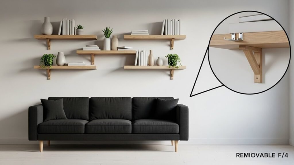 Black sofa with light wood floating shelves instead of bulky cabinets to reduce visual clutter and keep space open
