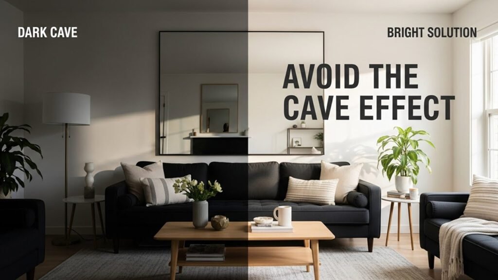 Split-image thumbnail: dark, shadowy black sofa room vs. bright, airy version with mirror, plants, and warm lighting—visualizing how to avoid the cave effect.